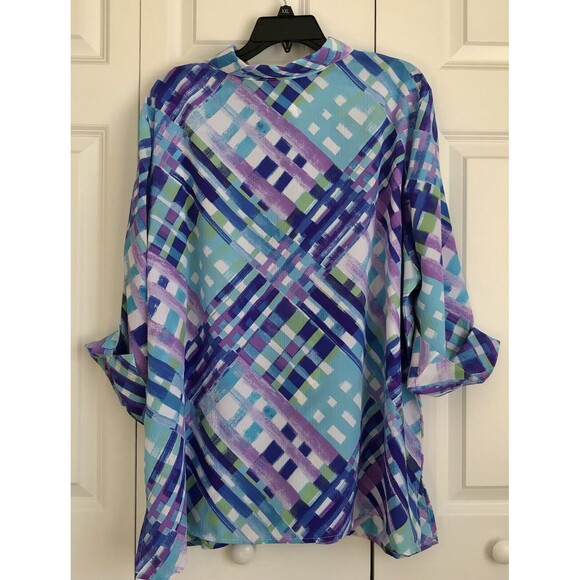 ALFRED DUNNER WOMEN'S TOP LATTICE PLAID BUTTON DOWN COLLARED NECK 3/4 SLEEVE 157 - Picture 3 of 5